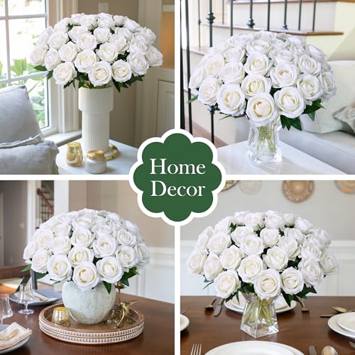Image of INSPRING 50 PCS White Roses Artificial Flowers with Long Stems | Real Looking, Fake Roses, Silk Flowers, DIY Bouquet, Wedding Party Celebration Home Bridal Decoration Gift, for Her Wife
