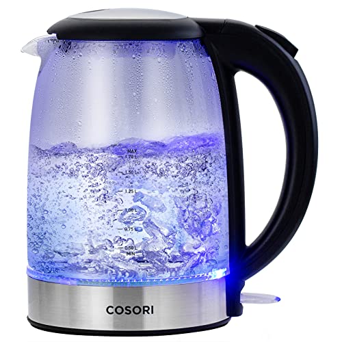 COSORI Wasserkocher Glas mit Upgrade Edelstahl Filter und Innendeckel, BPA Frei, 1,7 Liter, Kettle mit blau LED, Trockenaufschutz, 2200 Watt, Schnelles Aufheizen