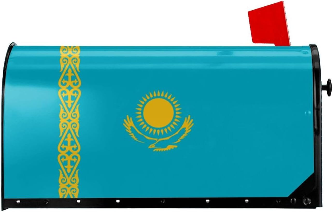 Flag of Kazakhstan Print Magnetic Mailbox Cover - Decorative Seasonal Outdoor Mailbox Wrap Mailbox Accessory for Standard & Large US Mailboxes (21×18 in / 25.5×21in)