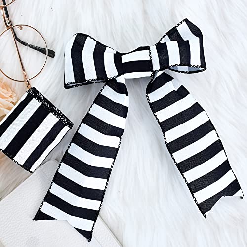 Toniful 2.5 Inch Black And White Wired Ribbon, Striped Burlap Ribbon, For Gift Wrapping, Wreath Bows Making, Crafts Home Party Christmas Tree Decoration（Striped，6Yds） #TOP5
