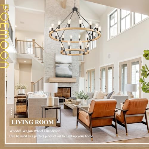 Image of Natural Wooden Wagon Wheel Chandelier 24-Light 43.3 inch Light Fixture