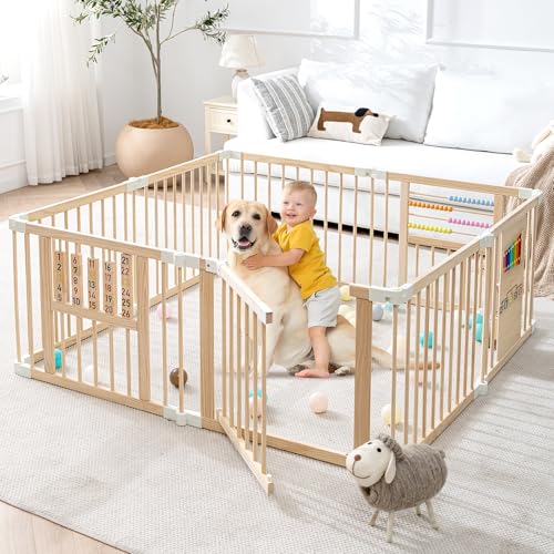 Image of GGF Wooden Playpen Play Yards for Babies and Toddlers, Foldable Wood Baby Play Fence with Locking Gate, Kids Activity Area Center Indoor Outdoor,67 * 43inch