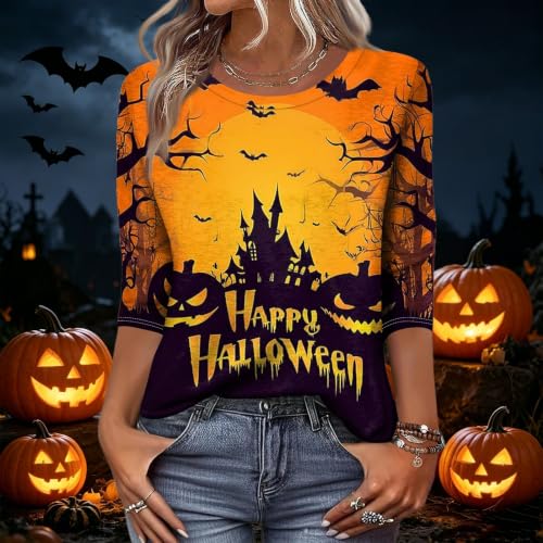 Image of Women Spooky Halloween Graphic Shirt 3 /4 Length Sleeve Crewneck Top | Halloween Funny Printed Pumpkin Plus Size Tshirts 2026 Fall Outfits Skeleton Tee Going Out Tops