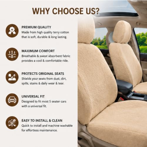 Image of Royal Bharmal Universal Fit Car Seat Cover Towel Set for 5 Seater Cars | 8 Piece Premium Terry Cotton Washable Seat Covers | Breathable Sweat Absorbent Seat Protectors (Beige)