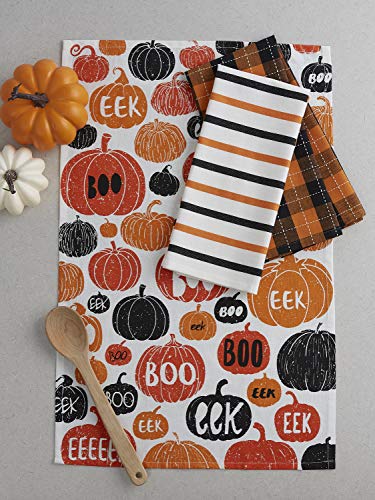 Dii Halloween Hand Towels For The Kitchen Decorative Spooky & Fun Cotton Printed Dishtowel Set, 18X28, Pumpkin Boo, 3 Count #TOP3