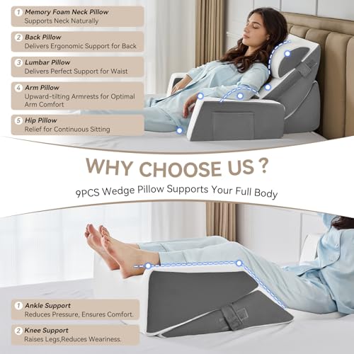 Image of Yojoker 9PCS Orthopedic Bed Wedge Pillow Set for Sleeping, Back and Leg Pain Relief, Post Surgery Foam Pillow for Body, Triangle Adjustable Support Pillow - Acid Reflux Sleeping Pillows Grey