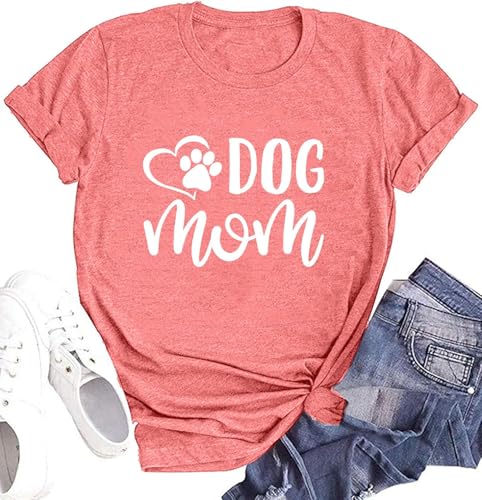 Dog Mom Shirts for Women Cat Dog Paw Graphic O Neck Short Sleeve Gifts Girls Heart Tee Tops Pink XXL