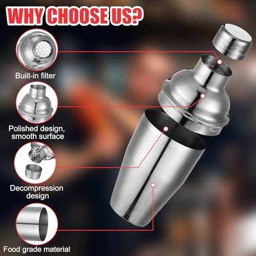 Nitial 6 Pcs Bar Cocktail Shaker Professional Stainless Steel Martini Drink Mixer with Built-in Strainer for Bartending No Leaks Boston Shaker for Bar Party Drink Mixing Tool(18.6 oz,Silver) - Image 4