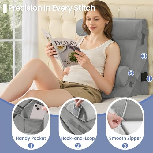 Image of Sasttie Wedge Pillow Set for After Surgery, 3PCS Adjustable Bed Wedge Pillow Headboard with Memory Foam Neck Cushion - for Acid Reflux, Sleeping, Neck & Back Support, Velvet & Light Grey