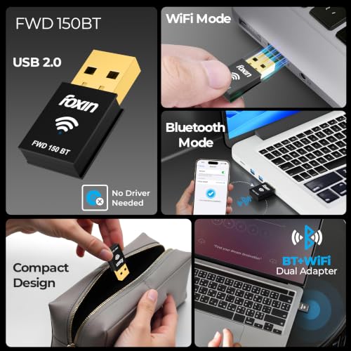 Image of Foxin Nano 150 Mbps 2-in-1 Wireless USB 2.0 WiFi + Bluetooth Adapter for PC, Laptop | High Speed Mini WiFi Bluetooth Dongle Compatible with Windows, Mac | WPA2 /PSK Security