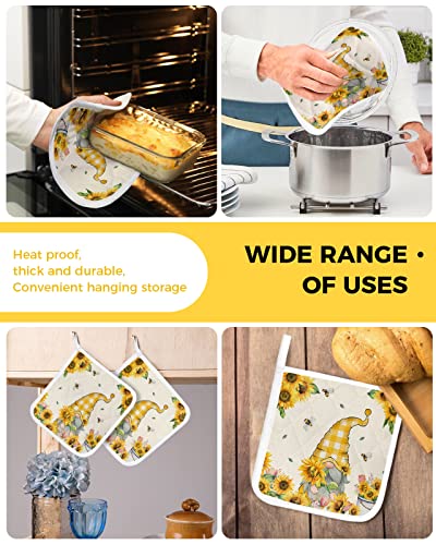 Sunflower Gnome Pot Holders For Kitchen, Spring Farm Bee Blooming Floral Pot Holder With Loop Trivet Heat Insulation Oven Mitts Hot Pads, Washable Potholders For Cooking Backing 5 Pack #TOP4