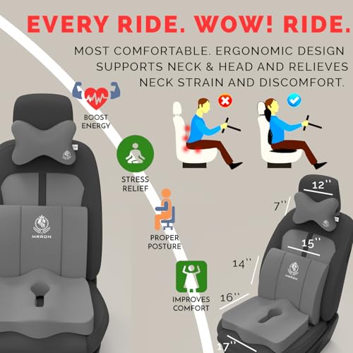 Image of MRRON Memory Foam Car Seat Cushion Combo - Backrest, Coccyx Cushion & Neckrest - Orthopedic Support for Back, Sciatica & Neck Pain - Ergonomic Comfort for Car, Office. (Grey, Lumbar)