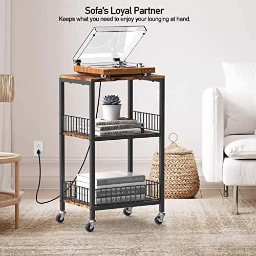Nightstand With Charging Station, 3-Tier Side Table With Usb Ports And Outlets, Modern End Table With Open Storage Metal Basket Lockable Wheels For Small Spaces, Living Room, Bedroom, Rustic Brown #TOP6