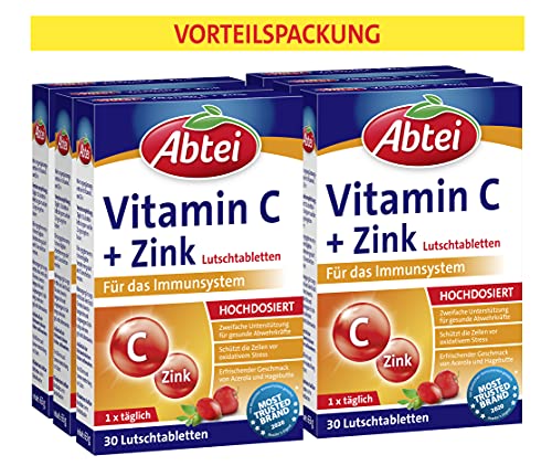 Abtei Vitamin C + Zink - wertvolles Vitaminpräparat zum Lutschen - zur Unterstützung der Abwehrkräfte und des Zellschutzes - glutenfrei, vegan - VORTEILSPACKUNG 180 Lutschtabletten (6x 30 Tabletten)