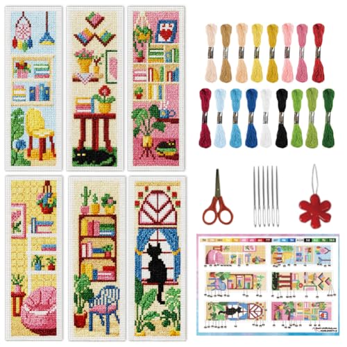 Image of INFUNLY 6PCS Sweet Home Cross Stitch Bookmarks Kit 3x8.5inch Cat Window Stamped Embroidery Bookmark Kit Life Scenarios Needlepoint Bookmark Set with Instruction for Book Lover Reader Writer