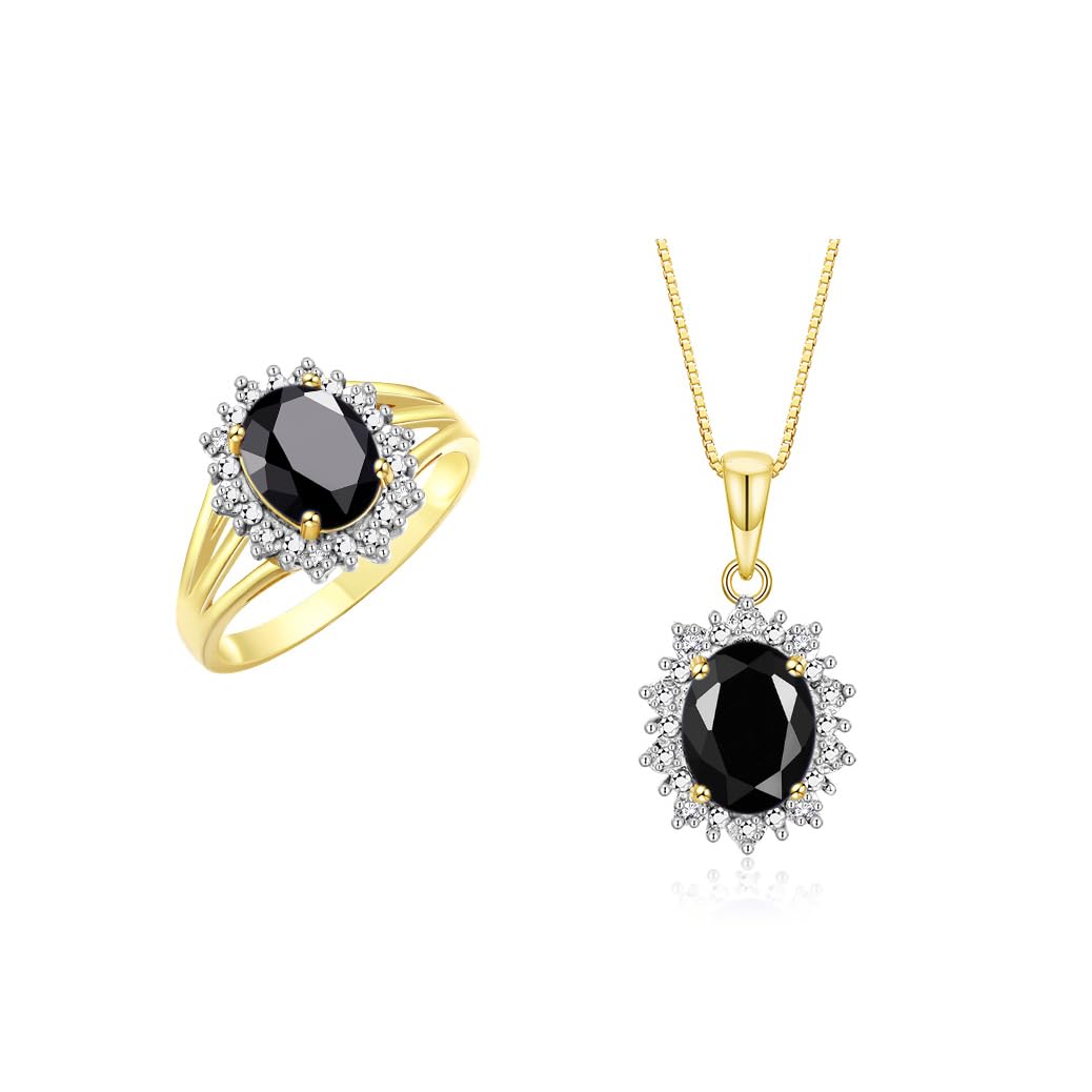 Rylos Women's Yellow Gold Plated Silver Princess Diana Ring &amp; Pendant Set. Gemstone &amp; Diamonds, 9X7MM Birthstone. Matching Friendship Jewelry, Sizes 5-10.
