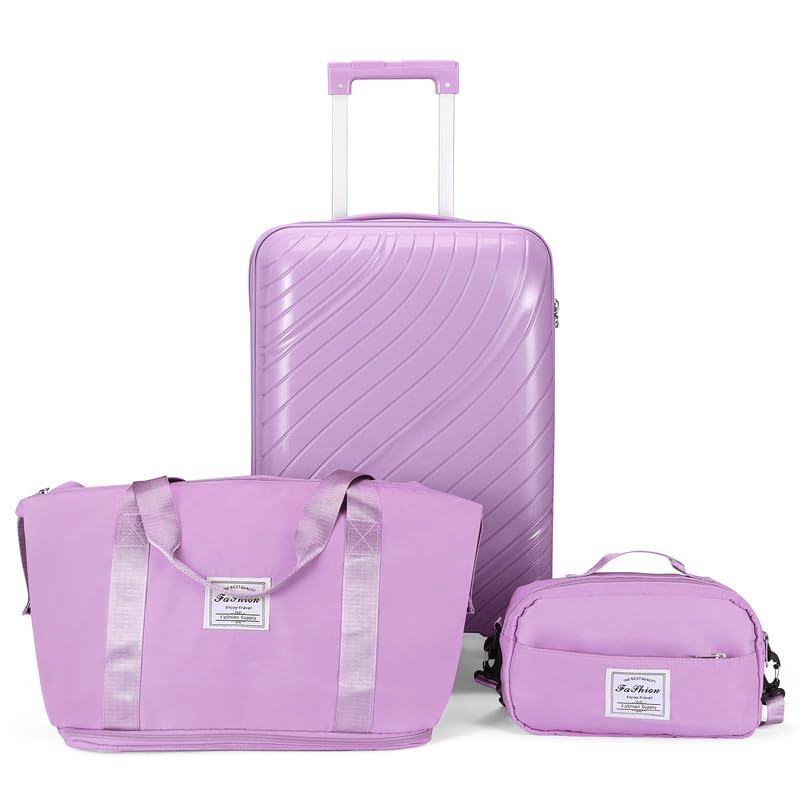 yotefe Carry On Luggage Set 3 Piece, PP Suitcase Sets with Spinner Wheels, Lightweight Travel Luggage Set with TSA Lock, Hard Case Suitcase Set with Duffel Bag Travel Bag for Men Women, Purple
