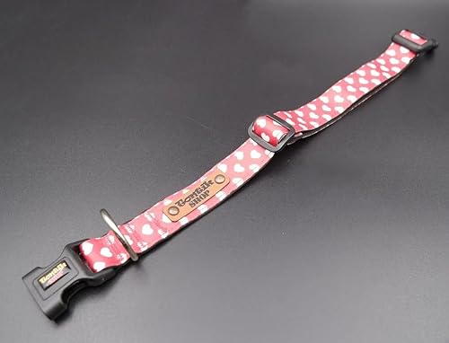 Handmade Red White Hearts Dog Collar - Tontik Shop Colorful wide collar for dogs made of woven fabric - 3 Sizes - For small, medium and large dogs -