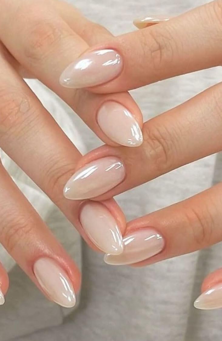 Set Of 14Pc, Artificial Nail Extensions for Women, Glossy Pearl White Short Almond Shape Press On Nails With Free Glue Kit-image-27