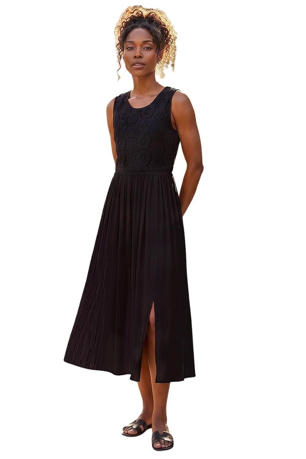Roman Originals Women's Black Crochet Bodice Midi Dress For Uk - Everyday Holiday Spring Summer Round Neckline Comfy Soft Evening Vacation Work Party - Size 12