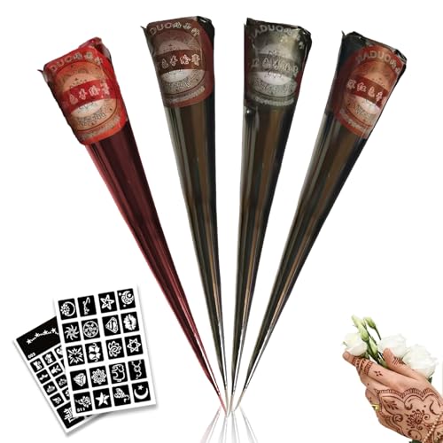 ElevaPulse Henna Braun Sommersprossen Set, 4 Natürliche Tattoo Kegel mit 44 Schablonen für Körperkunst, Temporäre Henna Farbe in Schwarz Rot Dunkelrot Braun