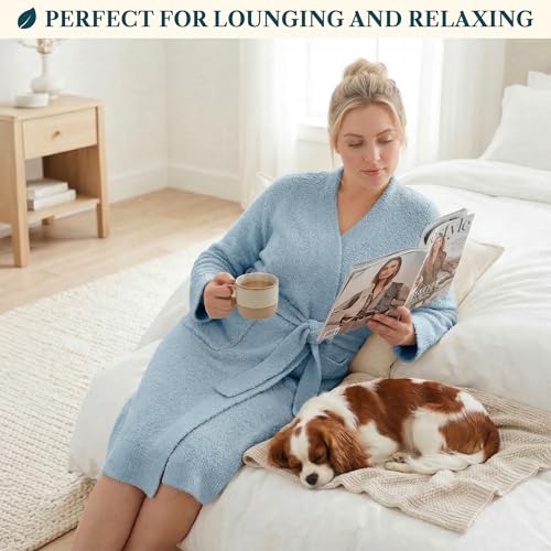 Image of PAVILIA Premium Plush Robe for Women, Soft Cozy Fuzzy Bathrobe with Pockets, Warm Mid-Length Lounge Robe with Tie Belt