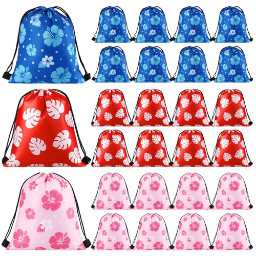 Sunnymove 24 Pcs Hawaiian Drawstring Bag Luau Hibiscus Palm Leaves Gift Bag