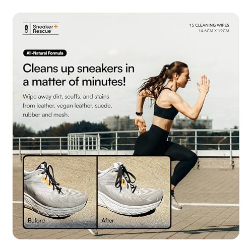 SneakerRescue All-Natural Cleaning Wipes. Remove Dirt, Grass Stains & Mud from Any Type of Athletic Shoe: Tennis shoes, Golf shoes & Leather or Suede Sneakers. Re-sealable Pack of 15 Wipes.