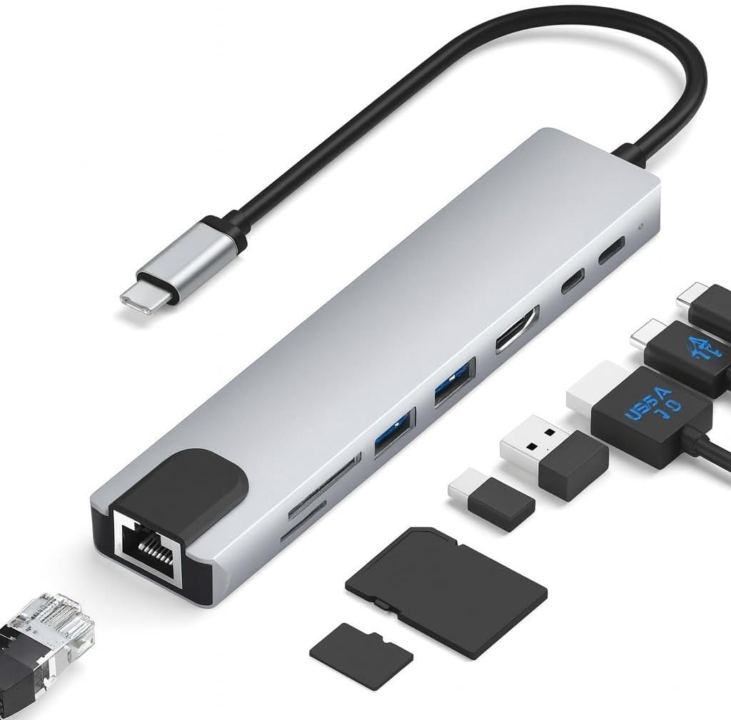 8-in-1 USB Type C Hub Multiport Adapter Hub Dock 8 in 1 USB C Type C Hub with 4K HDTV HDMI USB 3.0 SD TF Card Reader PD Charging
