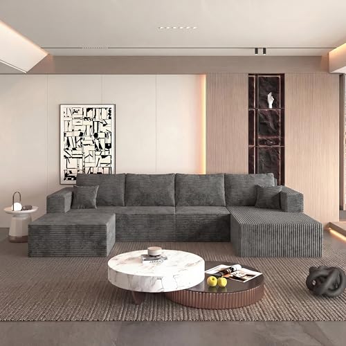 Image of 138 inch Modular Sectional Sofa, U-Shaped Cloud Couch with Deep Seats & Chaise, Convertible Corduroy Boneless Couches for Living Room, No-Assembly - Grey (Right Facing Chaise)