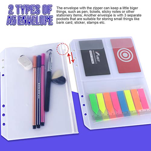 FANDAMEI A5 Papier Karierte Nachfüllpapier Set, 6 Löcher A5 Nachfüllbare Notizpapier 90 Blätter, 5 Stücke Farbige Trennblätter A5, 320 Stücke Haftnotizen Bunt, 2 Stücke Umschlägbeutel, 20CM Lineal