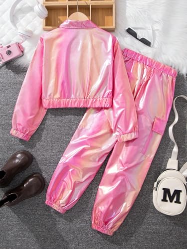 Image of WDIRARA Girl's 2 Piece Holographic Outfit Flap Pocket Zip Up Jacket and Elastic Waist Pants Set