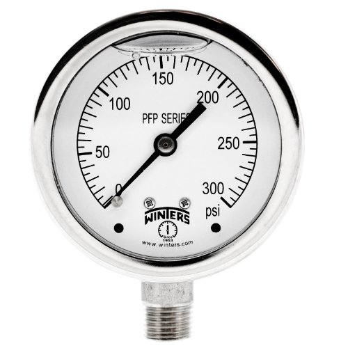 Winters PFP Series Premium Stainless Steel 304 Single Scale Liquid Filled Pressure Gauge, 0-300 psi, 2-1/2" Dial Display, +/-1.5% Accuracy, 1/4" NPT Bottom Mount by Winters Instruments - Used condition - US$5.09