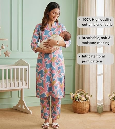 Image of DUMMY SHAPE Feeding Kurtis for Women Cotton Blend | Floral Kurta Pant Dupatta Set with Nursing Zippers to Pre & Post Partum | Maternity Dresses | Mom to Be Gifts for Pregnant Woman