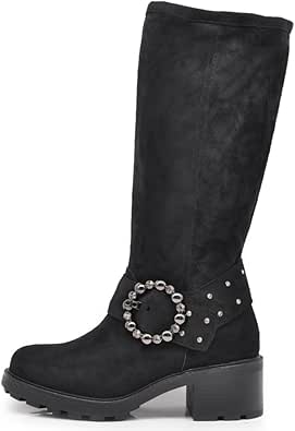 IF Fashion Stivali Donna Al Polpaccio In Similpelle Con Fibbie, Anfibi Biker Con Cinturino, Neri