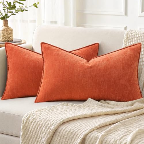 decorUhome Fall Couch Throw Pillow Covers 12x20 Set of 2, Decorative Soft Euro Neutral Chenille Lumbar Pillow Covers with Elegant Design for Sofa Bed Living Room Home Decor, Rust