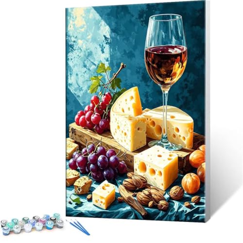Pintar por Numeros Adultos, Queso fruta vino Paint by Number Kits con Pinceles y Pigmento Acrílico, Principiantes DIY Pintura al óleo Colorear Lienzo Manualidades, Decoración del Hogar 30x40cm S-250
