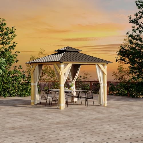 Garvee 10x10 ft Hardtop Gazebo with Nettings and Curtains, Wood Grain Heavy Duty Double Roof Galvanized Steel Outdoor Combined of Vertical Stripes Roof for Patio, Backyard, Deck, Lawns, Khaki - Image 2