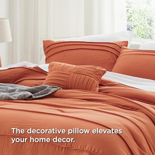 Image of Bedsure King Comforter Set - 4 Pieces Pinch Pleat Bed Set, Burnt Orange Boho Bedding for All Season, 1 Soft Comforter, 2 Pillowcases, 1 Decorative Pillow