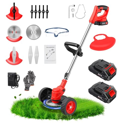 ALSO GO 24V Electric Weed Wacker, Cordless Grass Trimmer, 3 in 1 Weed Trimmer with 2pcs Batteries & Charger, Battery Powered Weed Eater/Brush Cutter/Edger with Wheels for Garden and Yard Lawn by ALSO GO - Used condition - US$47.49
