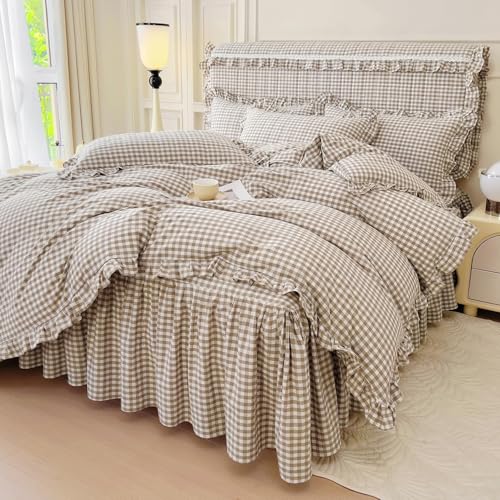 Image of LifeTB Queen Comforter Set Tan Gingham Comforter Ruffle Beige Taupe Plaid Comforter Set 3 Pieces Fluffy Vintage Checkered Grid Bed Comforter with 2 Pillowcases Gingham Bedding Set Queen