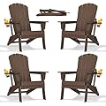 nevilywood Folding Adirondack Chair with Cup Holder Set of 4, HDPE Patio Chairs,All-Weather Outdoor Chairs for Backyard, Deck,Fire Pit-Coffee