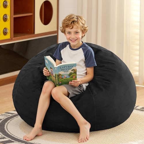 Image of HABUTWAY 2FT Bean Bag Chair, 2' Beanbags Small Bean Bag Chairs with Filling, Teardrop Bean Bag Chair Luxurious Velvet Ultra Soft Fur with Removable Cover (Black)