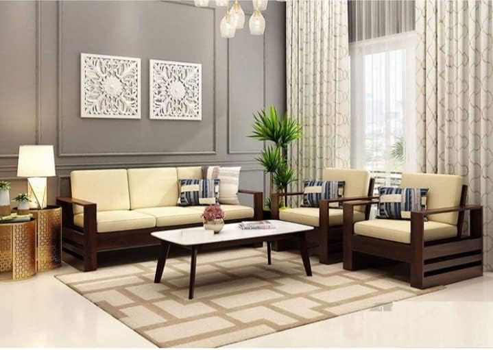 Wood Sofa Set 5 Seater Furniture Wooden 5 Seater Sofa Set 3+1+1 Teak Wood Sofa Set Furniture|Home Living Room|Without Pillow|Cream Cushions|Warm Chestnut Finish