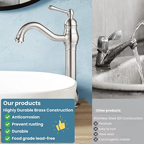 Brushed Nickel Bathroom Vessel Sink Faucet With Pop Up Drain Single Lever Handle 1 Hole Bowl Sink Mixer Tap Tall Spout Lavatory Vanity #TOP5