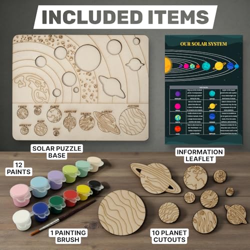 Image of BAGJI TOYS Solar System DIY Painting Puzzle Kit for Kids, Wooden Educational Craft Set with 10 Planet Cutouts, 12 Paints, Brush and Information Leaflet, Size 30x20 cm (Science Fiction)