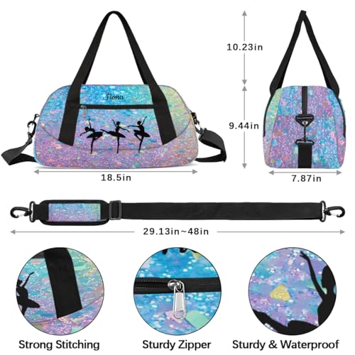 Custom Kids Sports Duffel Bag Rainbow Colored Glitter Ballet Dance Personalized Dance Gym Bag for Boys Girls Lightweight Weekender Travel Duffle Cheer Bag3