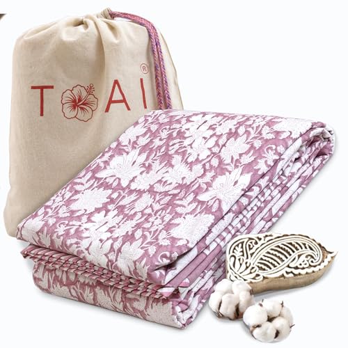 Image of TOAIArt Premium Jaipuri Dohar | AC Blanket Summer Quilt | Hand Block Printed | 3 Layers | Reversible | 150GSM 100% Mulmul Cotton| 100% Cotton Flannel Filling | Single 60 inch X 90 inch|Vintage Pink Kalamkari