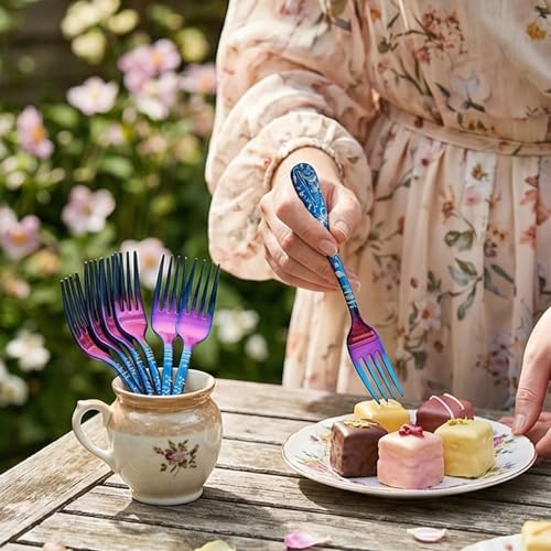 Image of 6.7 inch Rainbow Salad Forks with Floral Printed Handle | Set of 5 Durable Stainless Steel Fruit Forks | Mirror Polished Silverware for Home, Restaurants, and Gift Giving