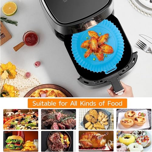 Image of PRANIJ 2 Pack Silicone Air Fryer Liners | Reusable Non-Stick Round Basket | Kitchen Baking Accessories Tray | Oven Cooking Insert Accessories - 8 Inch (Grey & Blue)